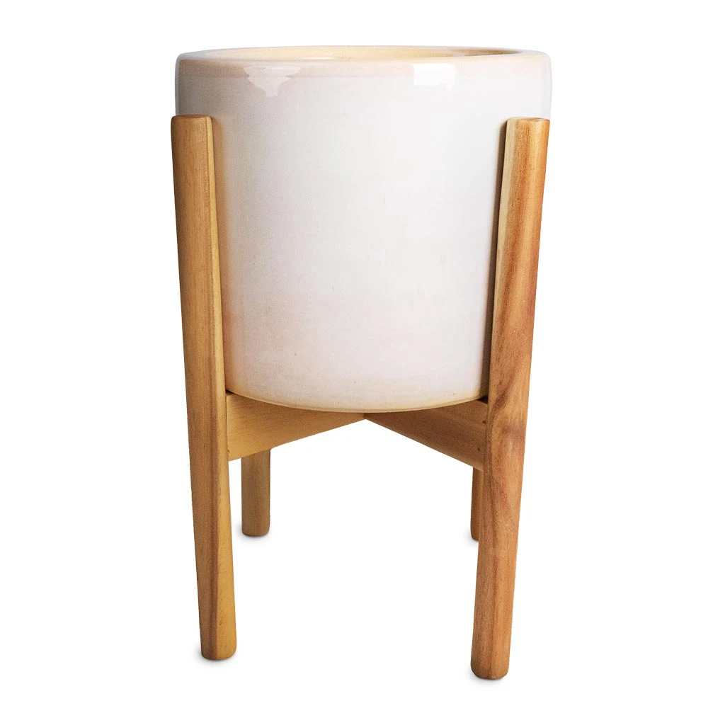 Anzio Plant Pot With Wooden Stand - Stone White 1 Anzio Plant Pot With Wooden Stand - Stone White