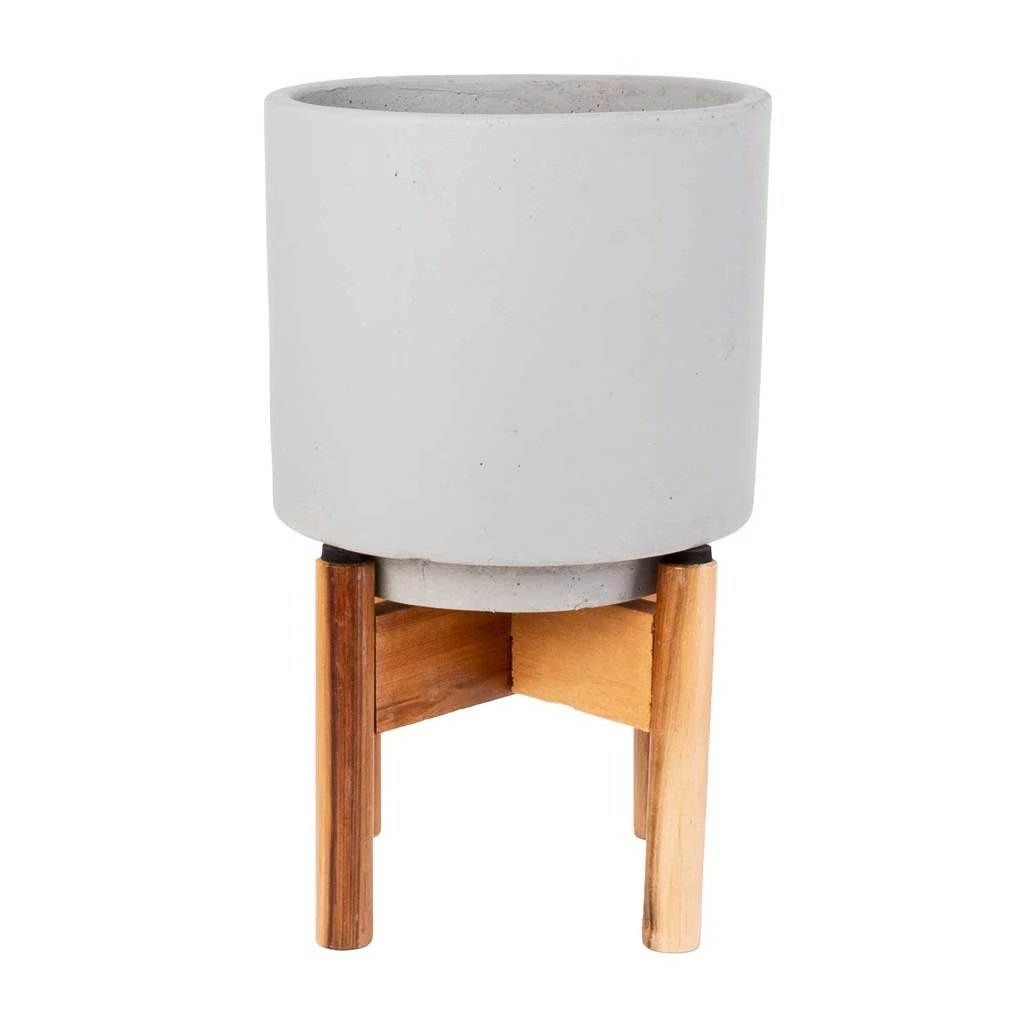 Vigo Plant Pot With Wooden Stand - Concrete Grey 1 Vigo Plant Pot With Wooden Stand - Concrete Grey